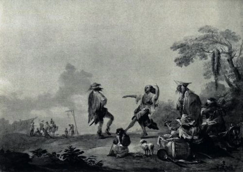 Dansende reizigers in een landschap